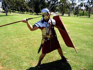 a Roman soldier prepares to throw his pila